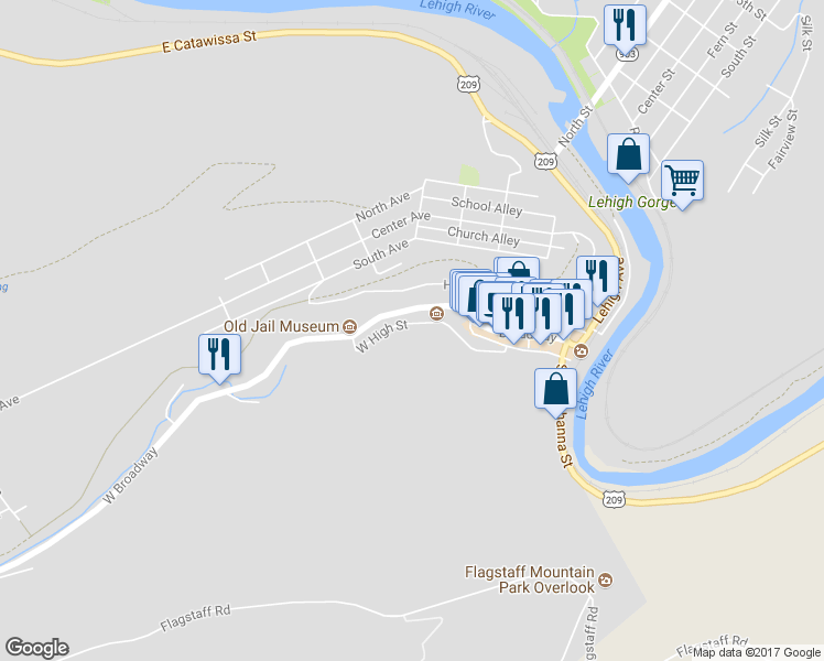 map of restaurants, bars, coffee shops, grocery stores, and more near 169 West High Street in Jim Thorpe