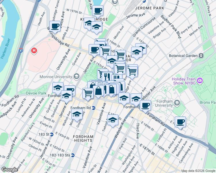 map of restaurants, bars, coffee shops, grocery stores, and more near 2558 Grand Concourse in Bronx