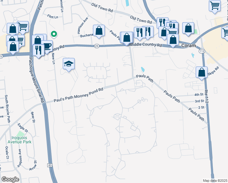map of restaurants, bars, coffee shops, grocery stores, and more near 41 Skyline Drive in Coram
