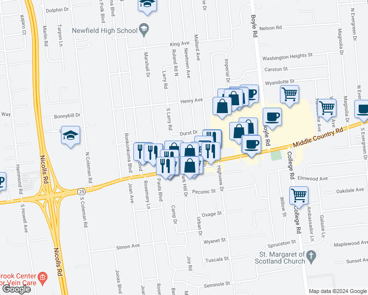 map of restaurants, bars, coffee shops, grocery stores, and more near 6 Durst Drive in Selden