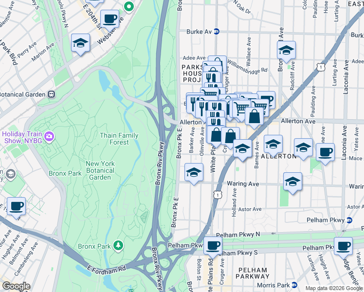 map of restaurants, bars, coffee shops, grocery stores, and more near 2526 Bronx Park East in The Bronx
