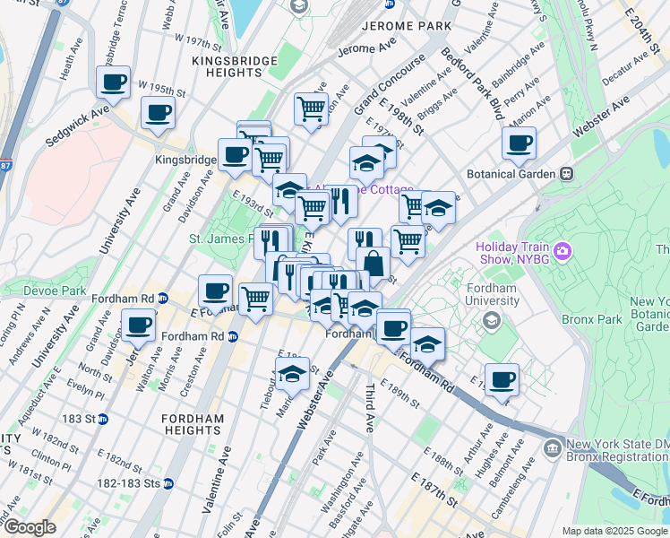 map of restaurants, bars, coffee shops, grocery stores, and more near 2612 Briggs Avenue in Bronx