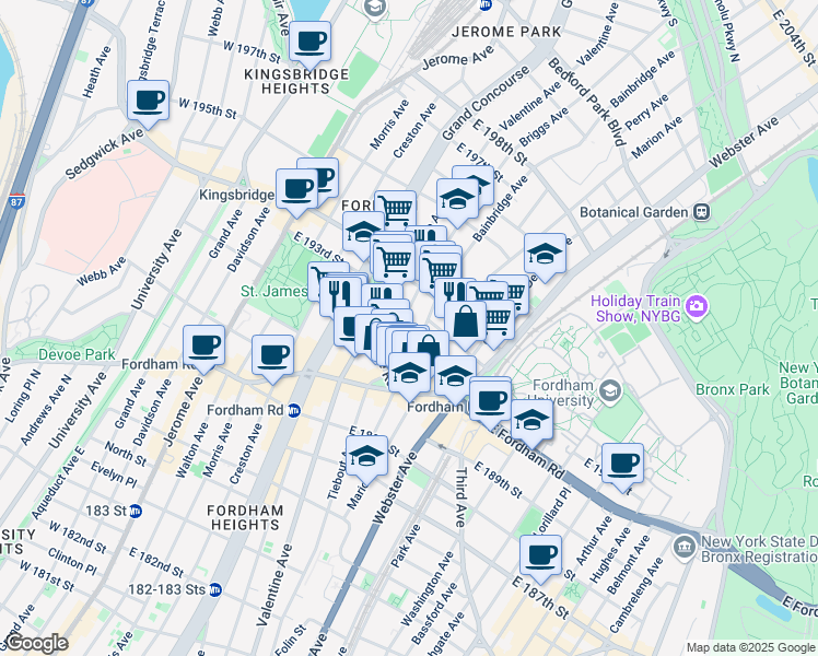 map of restaurants, bars, coffee shops, grocery stores, and more near in The Bronx