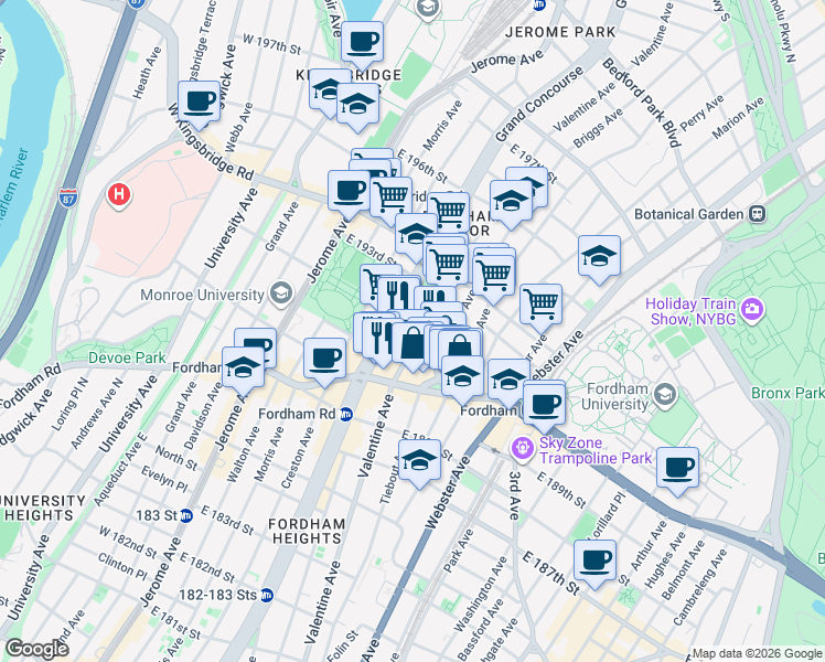 map of restaurants, bars, coffee shops, grocery stores, and more near in The Bronx