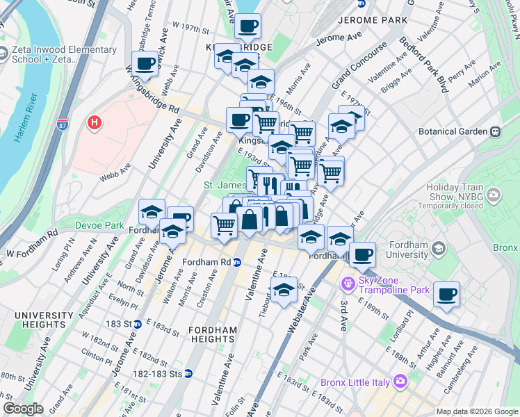 map of restaurants, bars, coffee shops, grocery stores, and more near 2585 Grand Concourse in Bronx