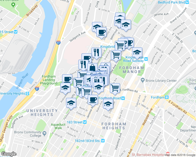 map of restaurants, bars, coffee shops, grocery stores, and more near 30 West 190th Street in Bronx