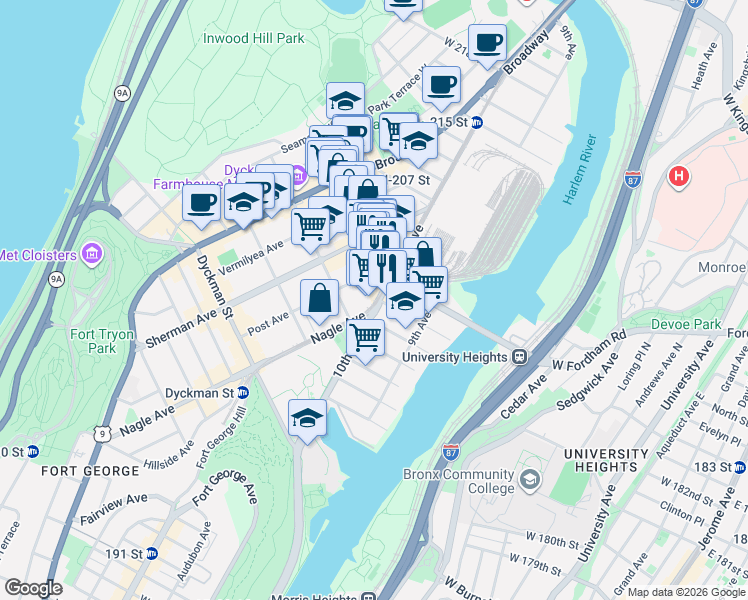 map of restaurants, bars, coffee shops, grocery stores, and more near 119 Post Avenue in New York