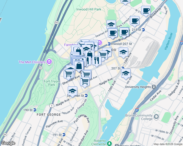 map of restaurants, bars, coffee shops, grocery stores, and more near in New York