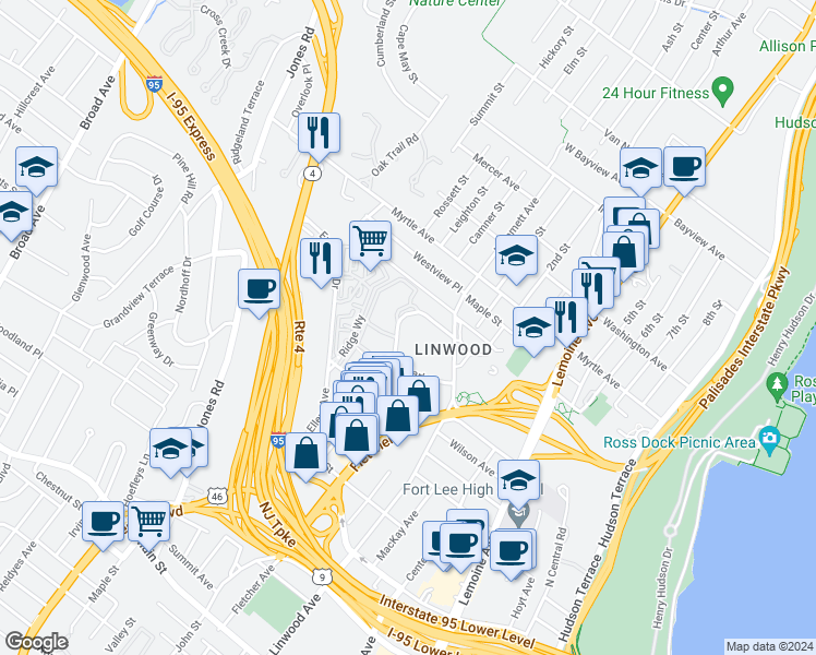 map of restaurants, bars, coffee shops, grocery stores, and more near 3091 Edwin Avenue in Fort Lee