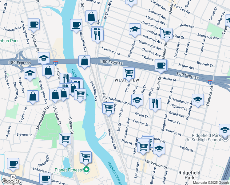 map of restaurants, bars, coffee shops, grocery stores, and more near 137 3rd Street in Ridgefield Park