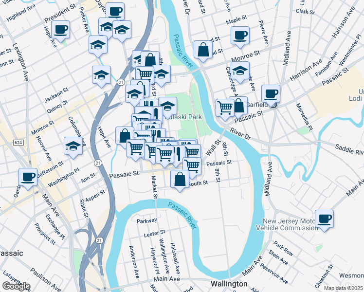 map of restaurants, bars, coffee shops, grocery stores, and more near Veterans Court in Passaic