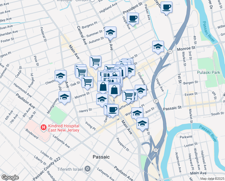 map of restaurants, bars, coffee shops, grocery stores, and more near 307 Monroe Street in Passaic