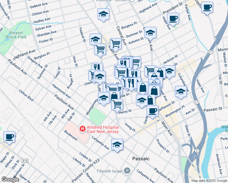 map of restaurants, bars, coffee shops, grocery stores, and more near 304 Oak Street in Passaic