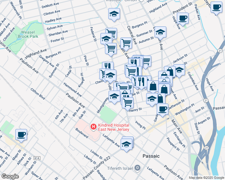 map of restaurants, bars, coffee shops, grocery stores, and more near 40 Tulip Street in Passaic