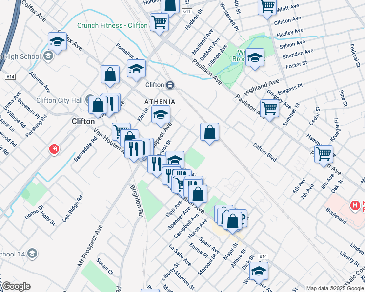 map of restaurants, bars, coffee shops, grocery stores, and more near 43 Penobscot Street in Clifton