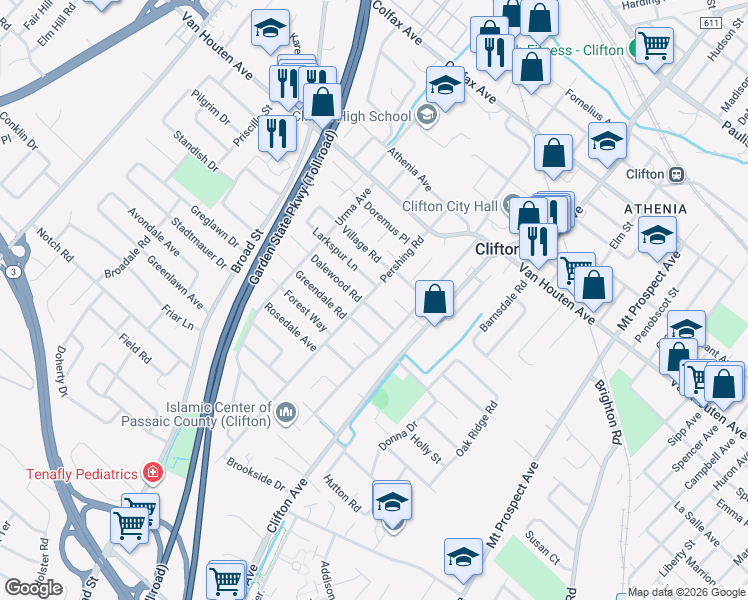 map of restaurants, bars, coffee shops, grocery stores, and more near 88 Pershing Road in Clifton