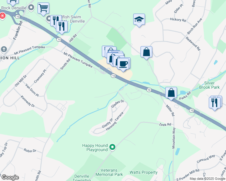 map of restaurants, bars, coffee shops, grocery stores, and more near 2101 Peer Place in Denville