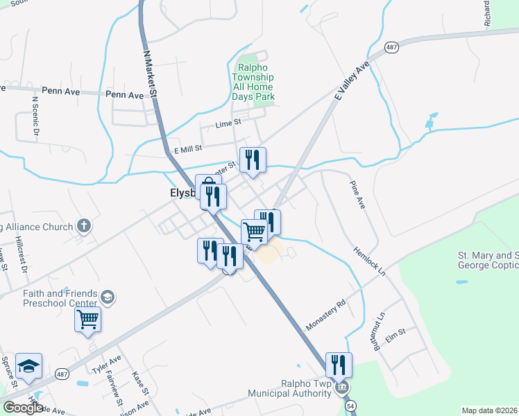 map of restaurants, bars, coffee shops, grocery stores, and more near 8-198 East Barton Avenue in Elysburg