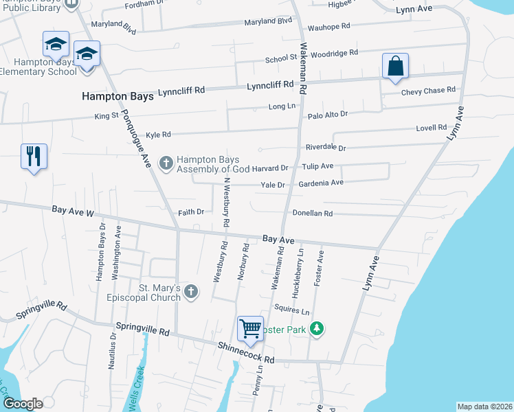 map of restaurants, bars, coffee shops, grocery stores, and more near 9 Yale Drive in Hampton Bays