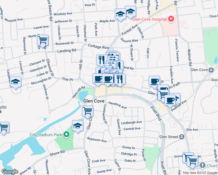 map of restaurants, bars, coffee shops, grocery stores, and more near 24 Bridge Street in Glen Cove