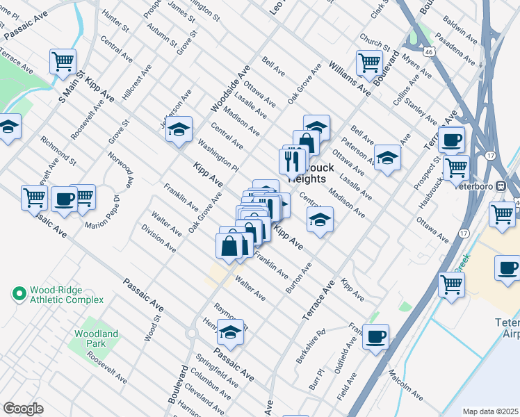 map of restaurants, bars, coffee shops, grocery stores, and more near 153 Kipp Avenue in Hasbrouck Heights