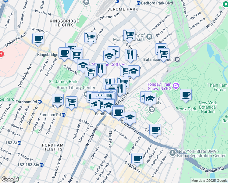 map of restaurants, bars, coffee shops, grocery stores, and more near 355 East 194th Street in Bronx