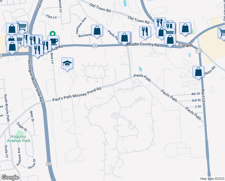 map of restaurants, bars, coffee shops, grocery stores, and more near 52 Skyline Drive in Coram