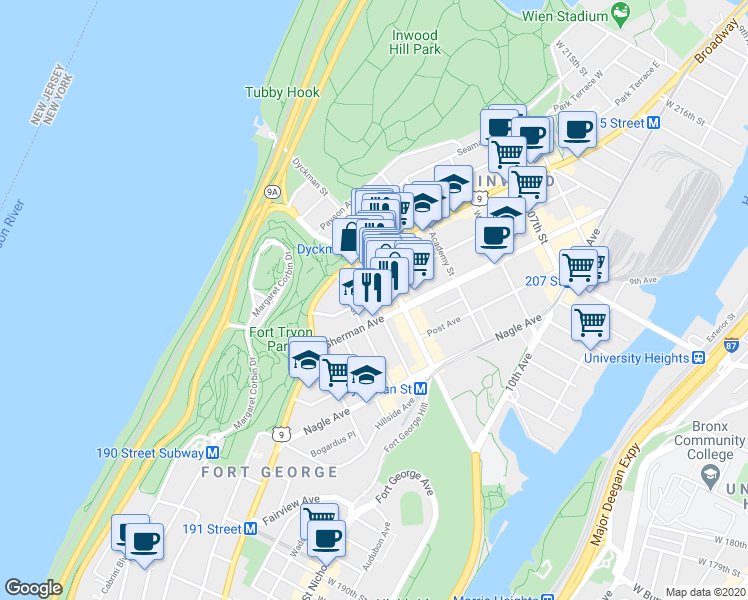 map of restaurants, bars, coffee shops, grocery stores, and more near 70 Thayer Street in New York