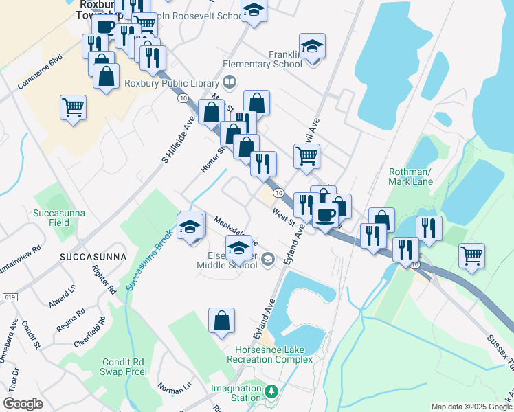 map of restaurants, bars, coffee shops, grocery stores, and more near 5 Richards Avenue in Roxbury Township