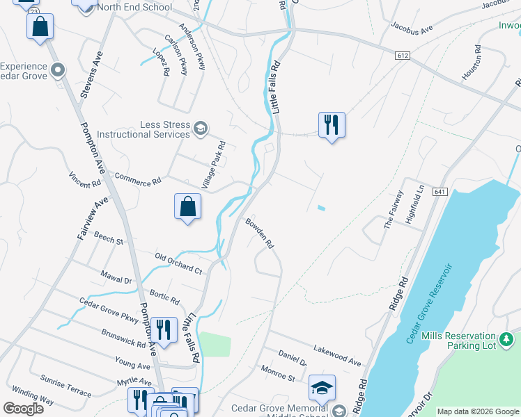 map of restaurants, bars, coffee shops, grocery stores, and more near 323 Little Falls Road in Cedar Grove