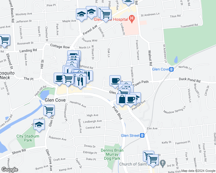 map of restaurants, bars, coffee shops, grocery stores, and more near 11 Knoll Place in Glen Cove