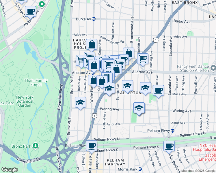 map of restaurants, bars, coffee shops, grocery stores, and more near 2513 Wallace Avenue in Bronx
