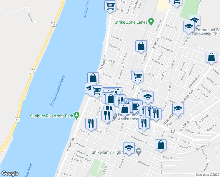 map of restaurants, bars, coffee shops, grocery stores, and more near 206 Arch Street in Sunbury