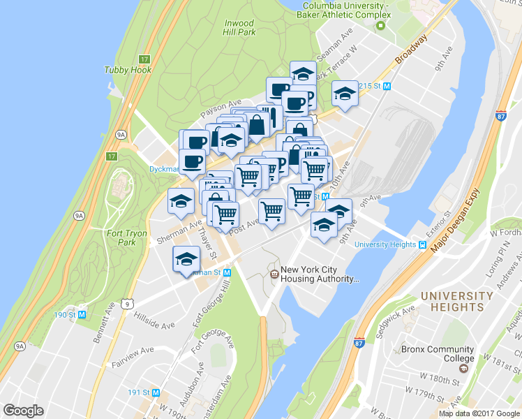 map of restaurants, bars, coffee shops, grocery stores, and more near 155A Sherman Avenue in New York