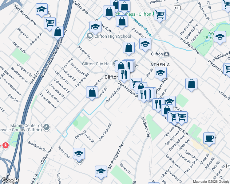 map of restaurants, bars, coffee shops, grocery stores, and more near 943 Van Houten Avenue in Clifton