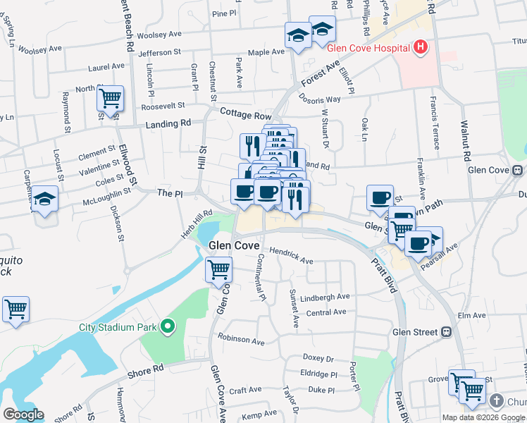 map of restaurants, bars, coffee shops, grocery stores, and more near 15 Bridge Street in Glen Cove