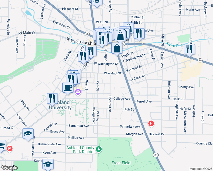 map of restaurants, bars, coffee shops, grocery stores, and more near 522 Chestnut Street in Ashland