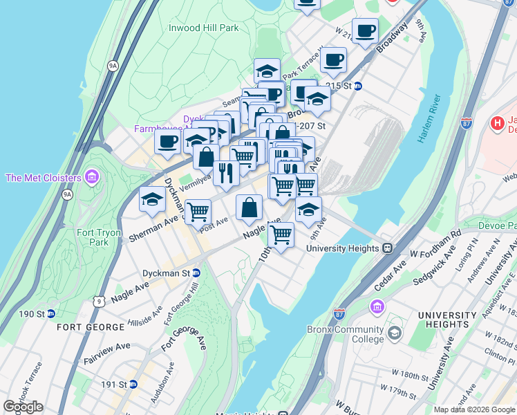 map of restaurants, bars, coffee shops, grocery stores, and more near 84-87 Post Avenue in New York