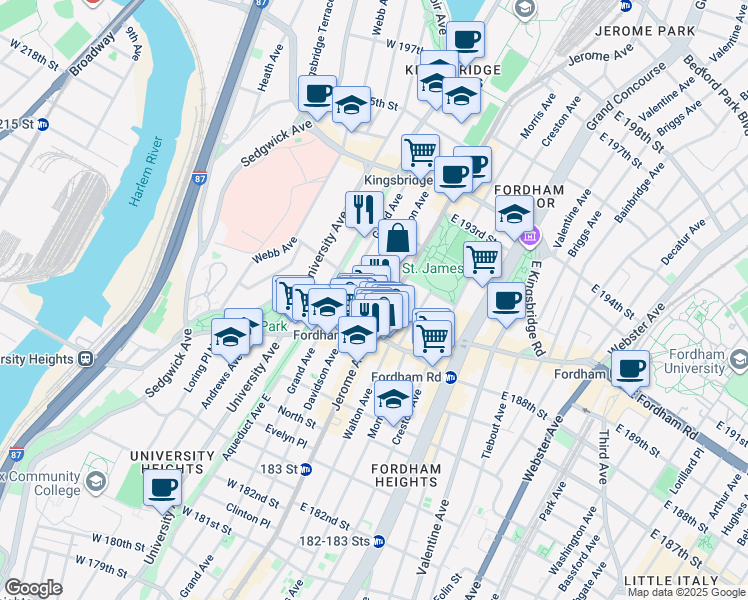 map of restaurants, bars, coffee shops, grocery stores, and more near in The Bronx