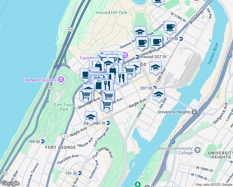 map of restaurants, bars, coffee shops, grocery stores, and more near 128 Sherman Avenue in New York