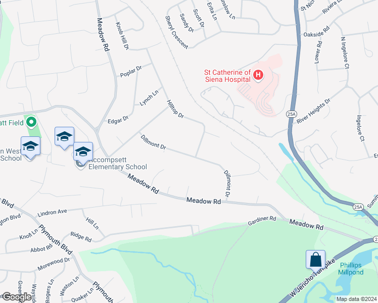 map of restaurants, bars, coffee shops, grocery stores, and more near 45 Dillmont Drive in Smithtown