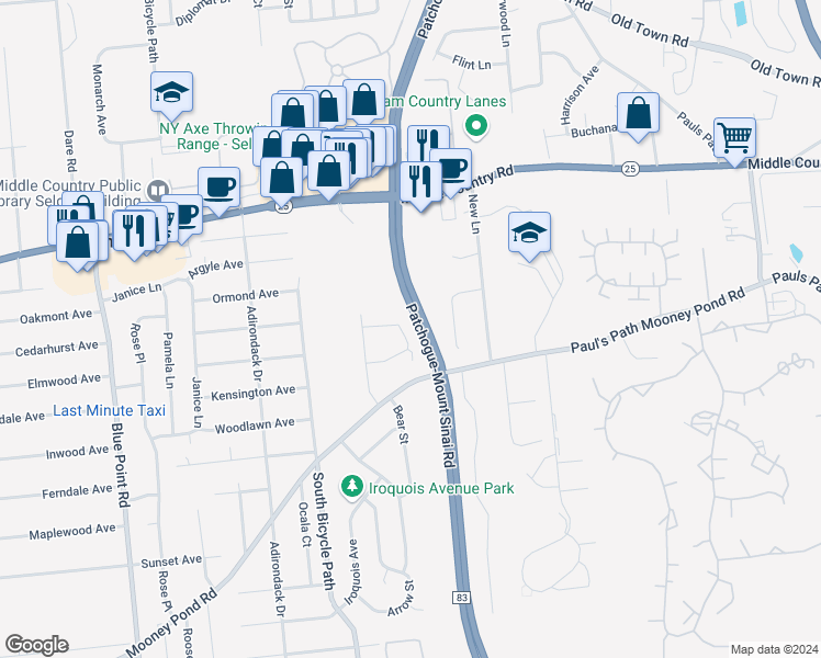 map of restaurants, bars, coffee shops, grocery stores, and more near 12 Wedge Lane in Selden