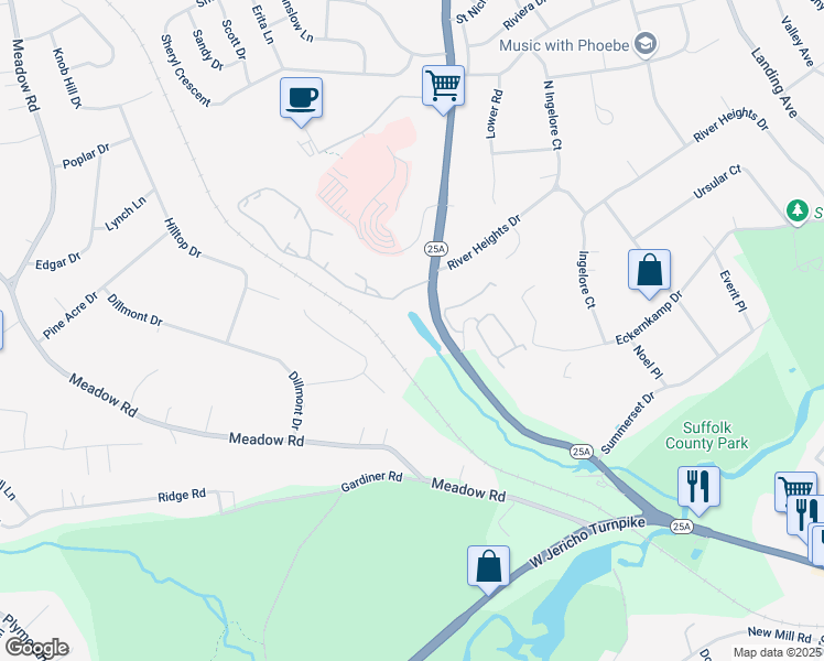 map of restaurants, bars, coffee shops, grocery stores, and more near 44 New York 25A in Smithtown