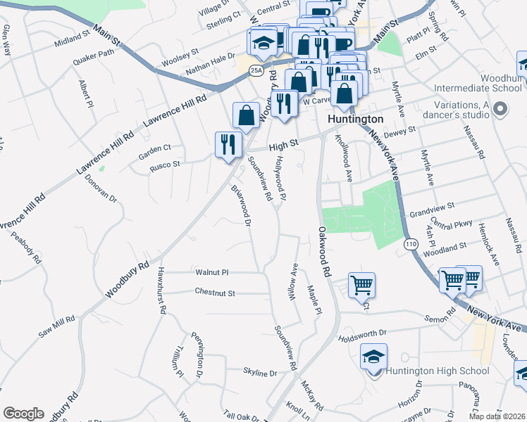 map of restaurants, bars, coffee shops, grocery stores, and more near 77 Soundview Road in Huntington