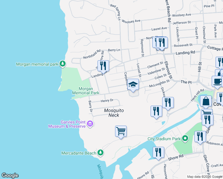 map of restaurants, bars, coffee shops, grocery stores, and more near 85 Valentine Street in Glen Cove
