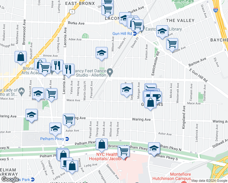 map of restaurants, bars, coffee shops, grocery stores, and more near 2559 Wilson Avenue in Bronx