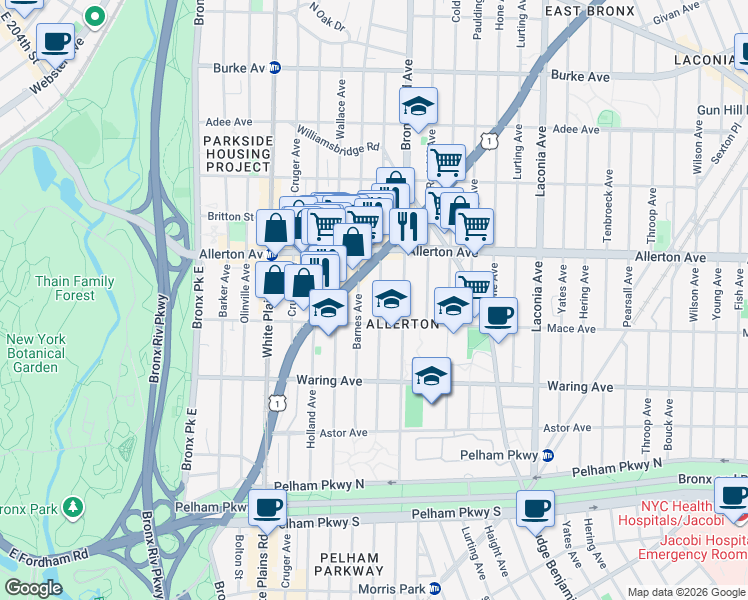 map of restaurants, bars, coffee shops, grocery stores, and more near 2538 Barnes Avenue in Bronx