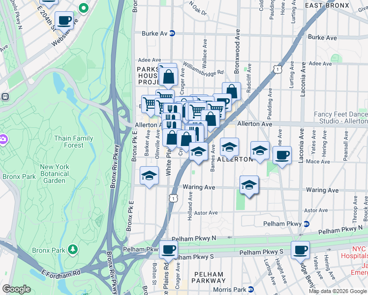 map of restaurants, bars, coffee shops, grocery stores, and more near 2544 Cruger Avenue in Bronx