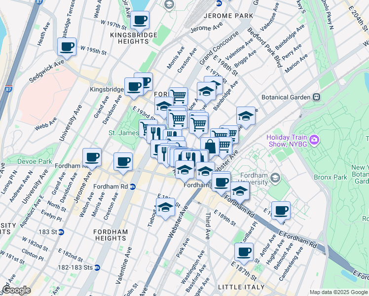 map of restaurants, bars, coffee shops, grocery stores, and more near in The Bronx