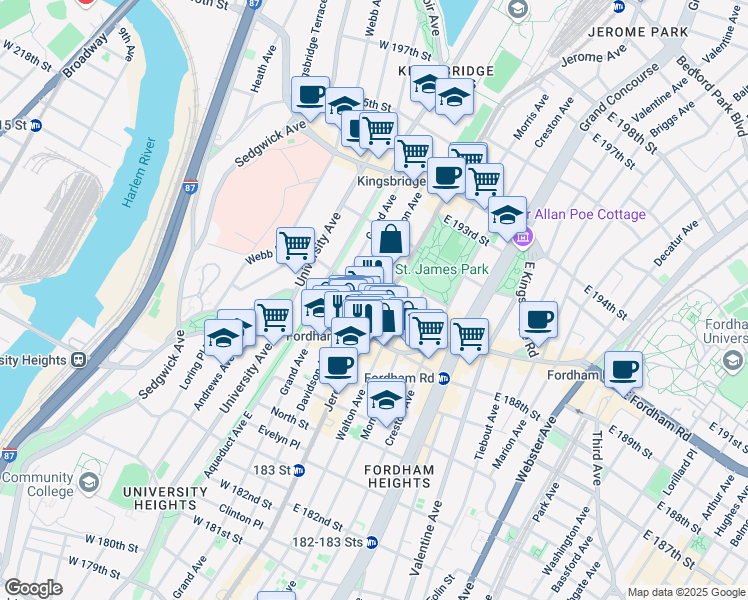 map of restaurants, bars, coffee shops, grocery stores, and more near in The Bronx